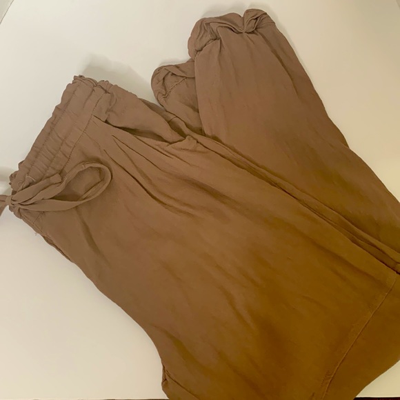 MOD REF | Light Brown Drawstring Waist Button Front Cotton Linen Wide Leg Pants - Picture 12 of 13